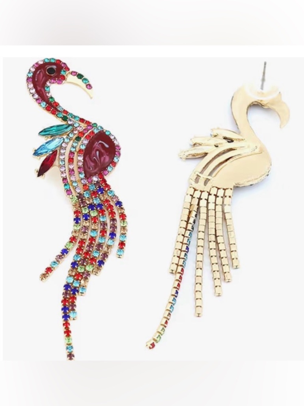 New Natasha Colorful Flamingo Drop Earrings - Red Multi-Color Crystal Fringe - Picture 10 of 14